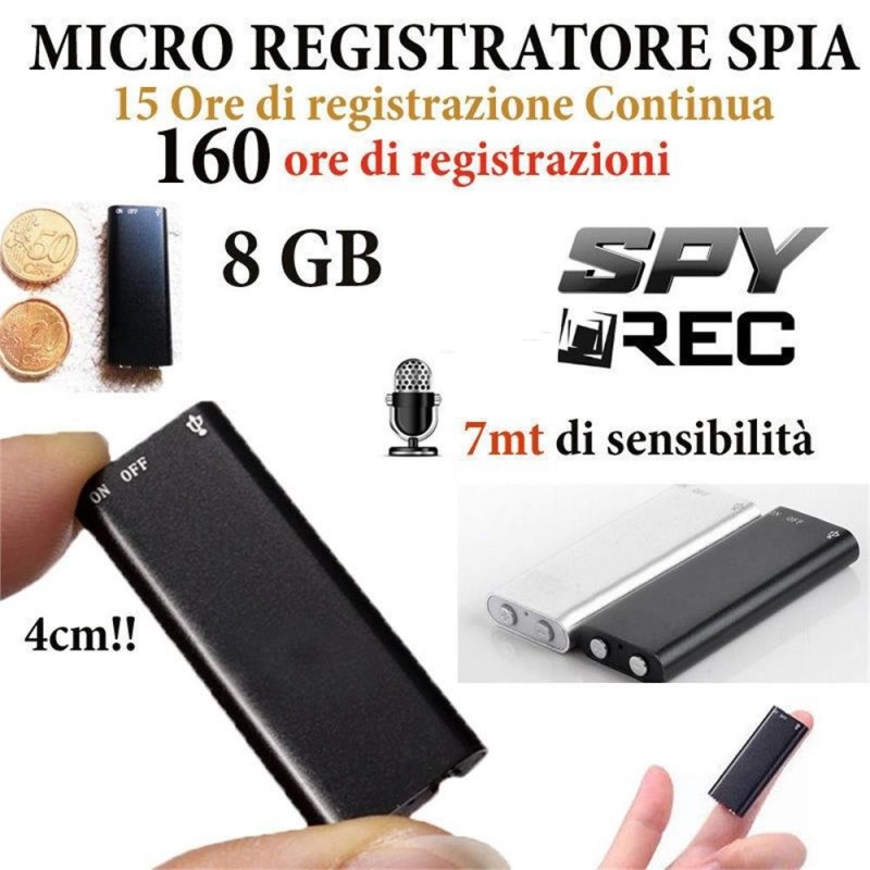 MICRO REGISTRATORE AUDIO VOCALE 8GB Spia / 160 Ore di Registrazione / Auricolari Inclusi