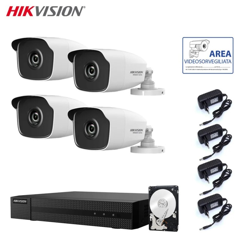 KIT VIDEOSORVEGLIANZA HIKVISION DVR 4 CANALI 4 TELECAMERE 4 MPX  HD 1 TB